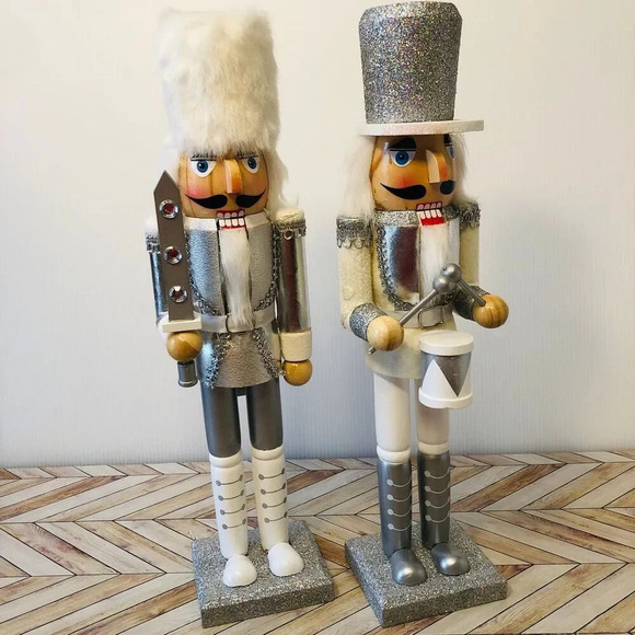 Hobby Lobby White & Silver Glitter Drummer 14.75" Inch Tall Nutcracker Set of 2
